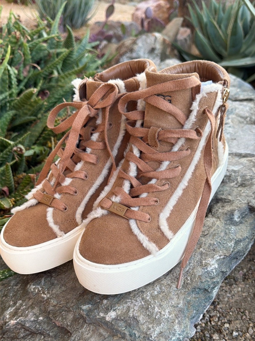 UGG Olli Heritage Brown Suede Shearling-Trim High-Top Sneakers